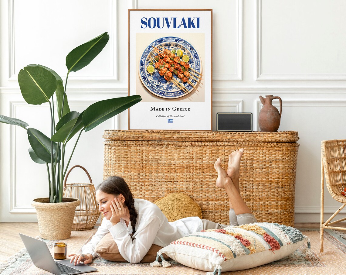 Souvlaki on Maiolica Tile Plate, Greek Food Art Print - Image 2