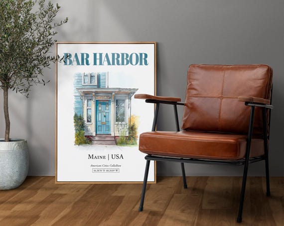 Bar Harbor Maine Minimalist Watercolor Travel Poster