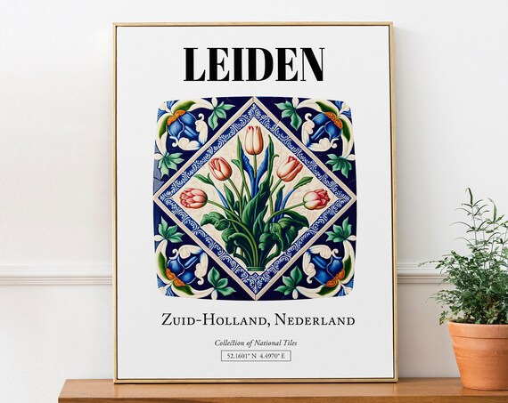 Leiden Netherlands Folk Tile Pattern With Tulips Art Print