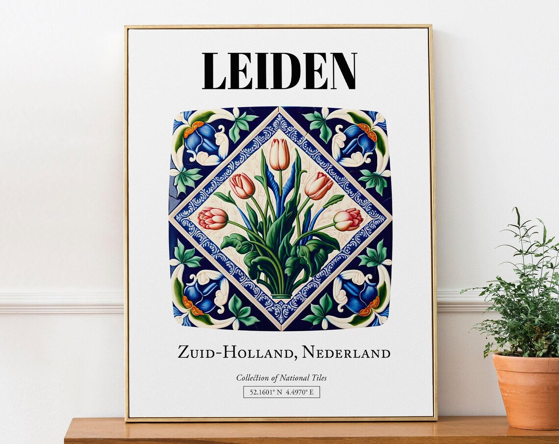 Leiden Netherlands Folk Tile Pattern With Tulips Art Print