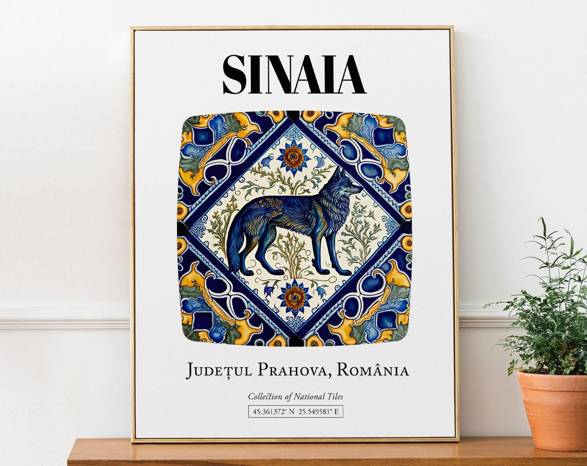 Sinaia Romania Traditional Tile With Blue Wolf Art Print