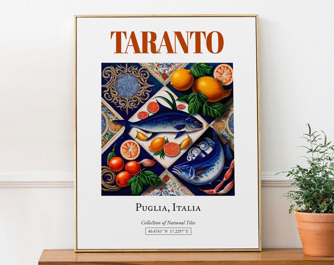 Taranto Puglia Italy Folk Maiolica Tile Travel Poster