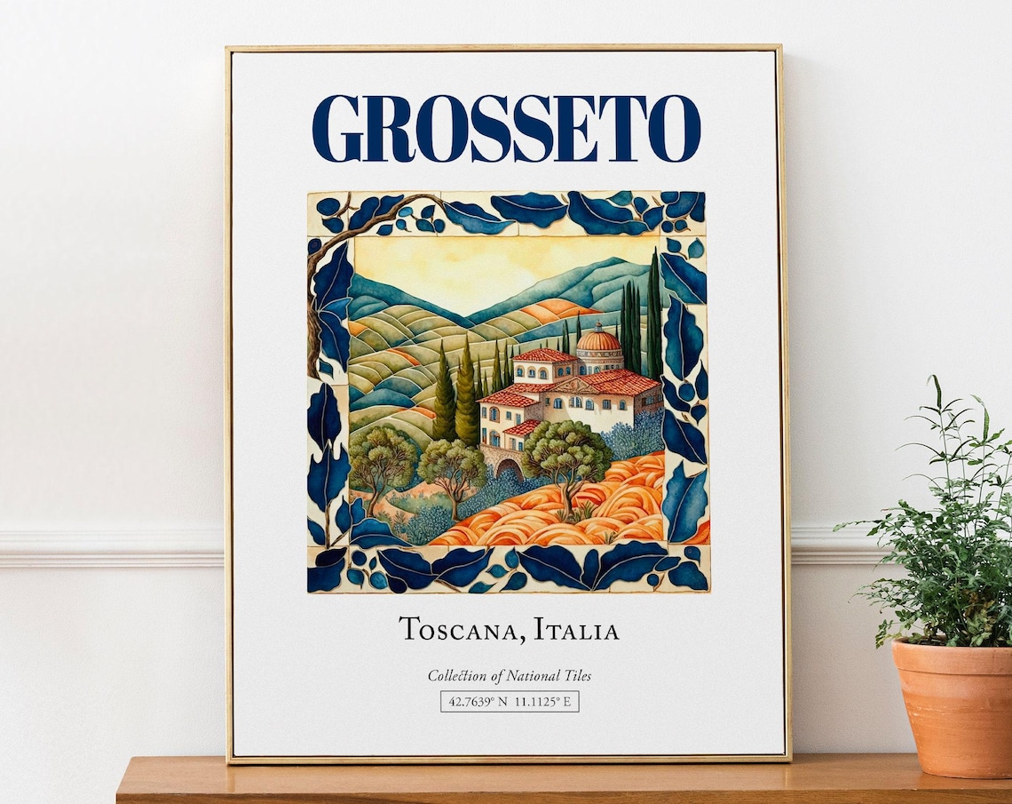 Grosseto Toscana Italy Folk Maiolica Tile Travel Poster