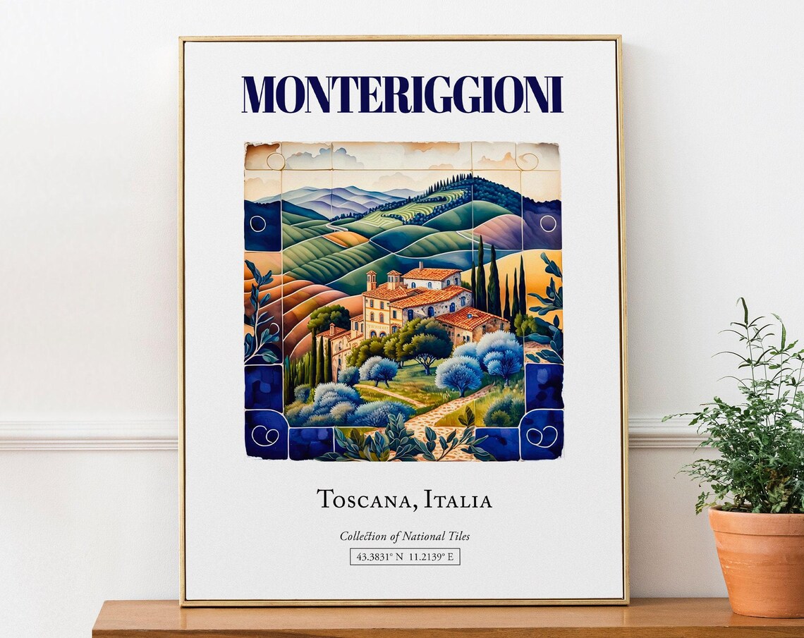 Monteriggioni Toscana Italy Folk Maiolica Travel Poster
