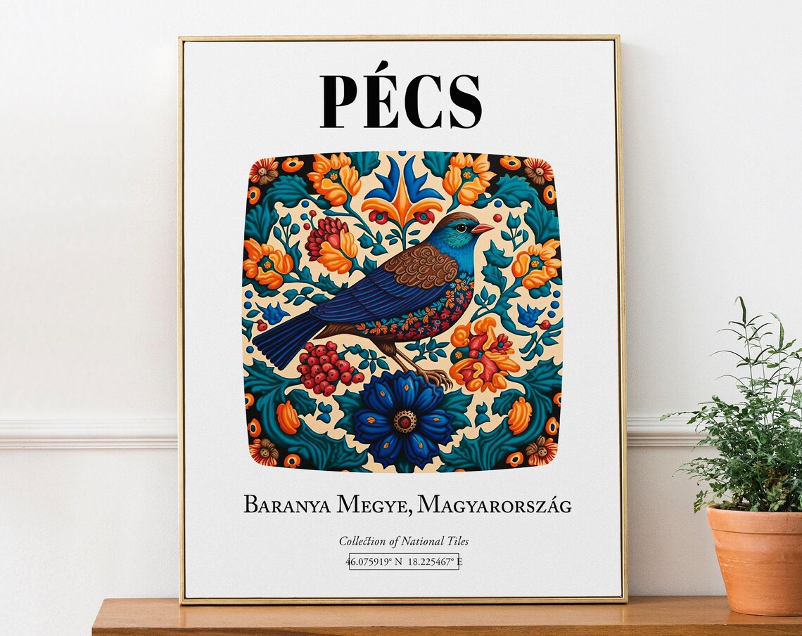 Hungary Traditional Bird and Flowers Tile Pattern Art Print