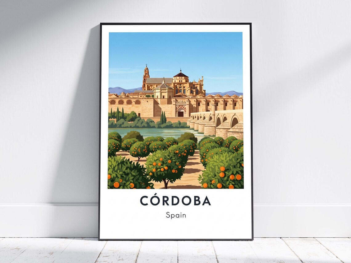 Cordoba Spain Mezquita Roman Bridge Orange Trees Sunny Travel Poster