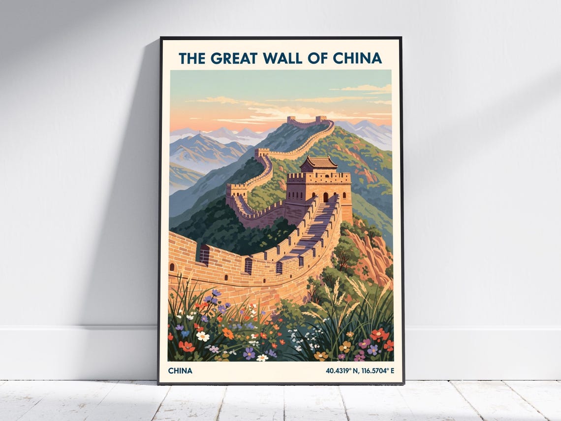 The Great Wall of China Sunset Mountains Vintage Style Travel Poster