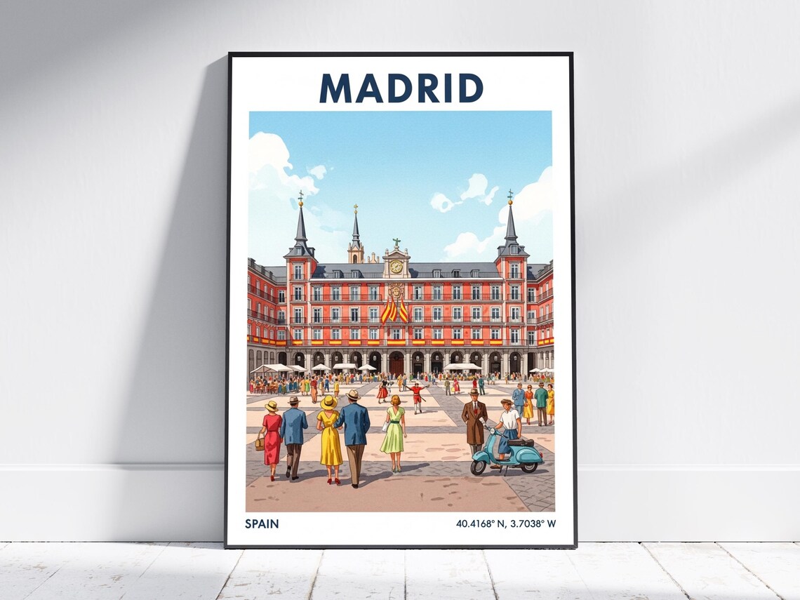 Madrid Spain Plaza Mayor 1950s Street Scene Vintage Travel Poster