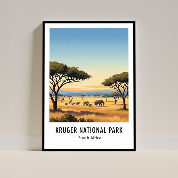 Kruger National Park Safari Elephants Giraffes Vintage Travel Poster