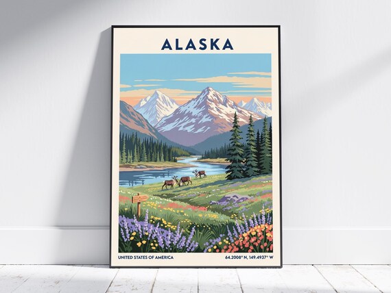 Alaska Wilderness Mountain River Caribou Wildflower Travel Poster