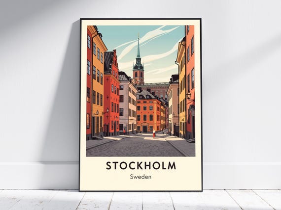 Stockholm Gamla Stan Art Print Swedish Vintage Travel Poster European Cityscape For Living Room Bathroom
