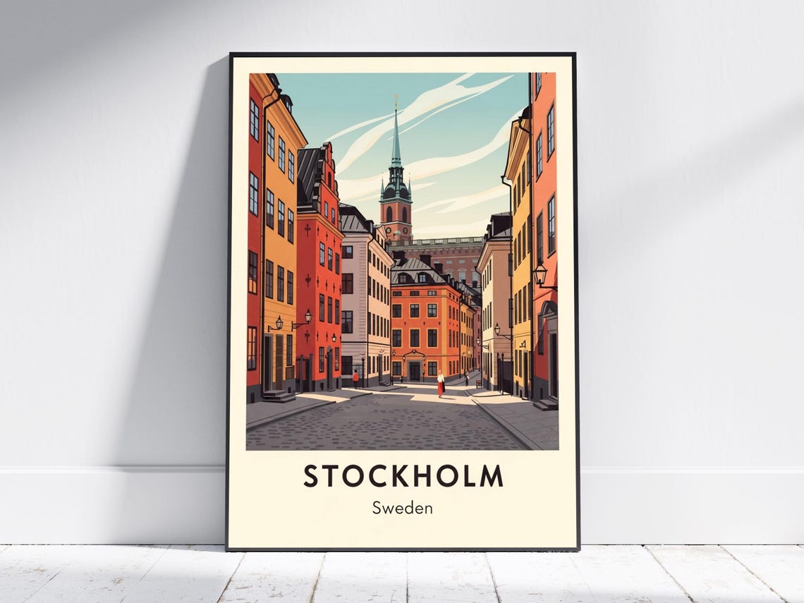 Stockholm Gamla Stan Art Print Swedish Vintage Travel Poster European Cityscape For Living Room Bathroom
