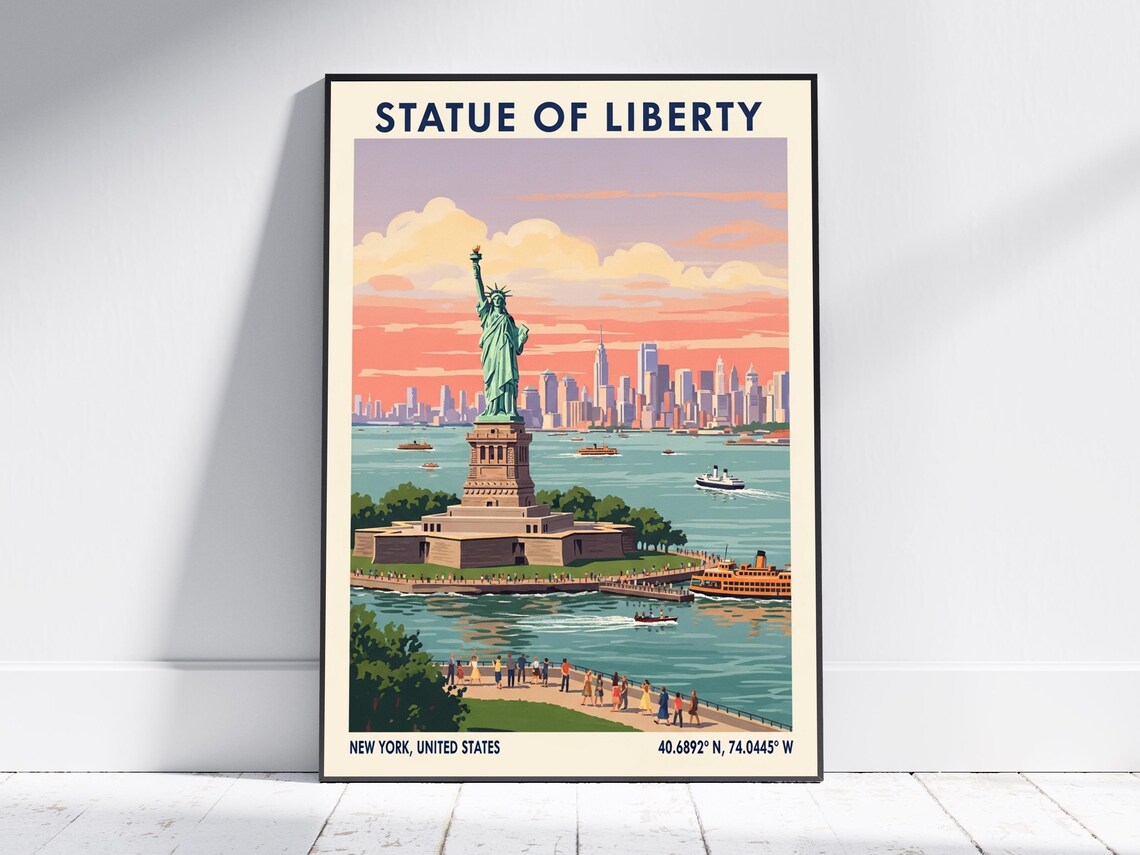 Statue of Liberty New York Vintage Sunset Skyline Travel Poster