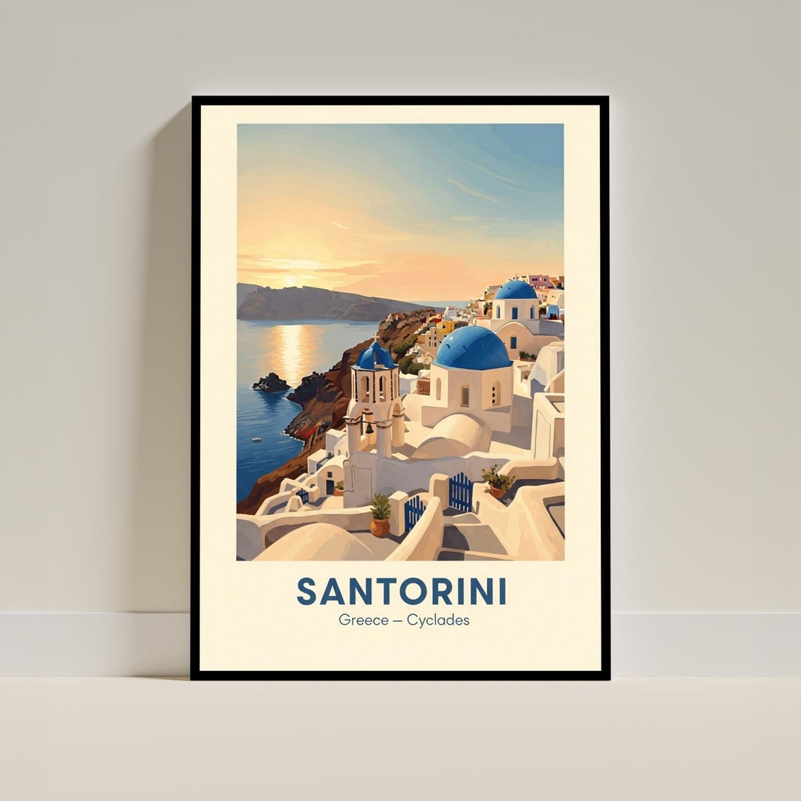 Santorini Greece Blue Domes Aegean Sunset Vintage Travel Poster