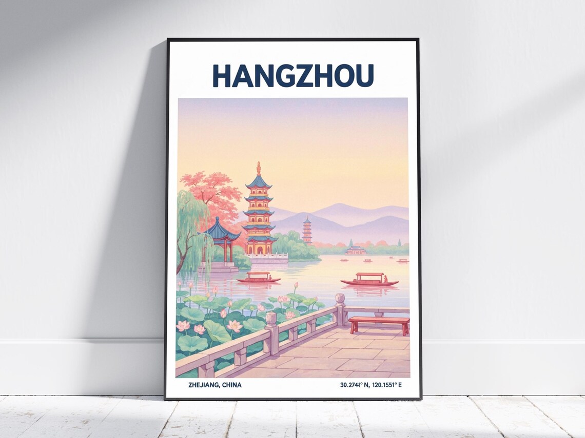 Hangzhou China West Lake Pagoda Lotus Boats Vintage Travel Poster