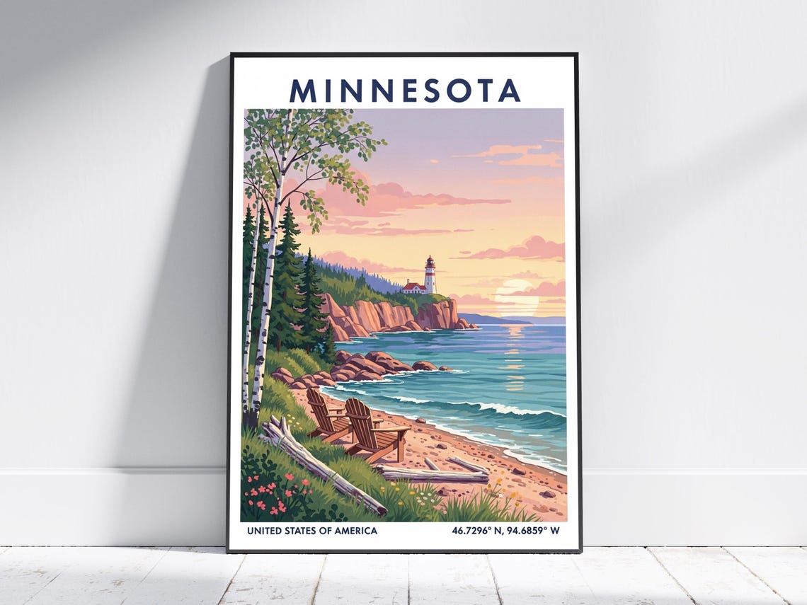 Minnesota Lake Superior Lighthouse Sunset Shore Travel Poster