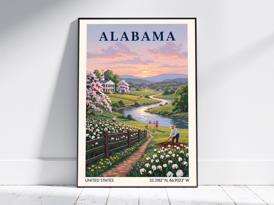 Alabama Cotton Fields Plantation Sunset Southern Travel Poster