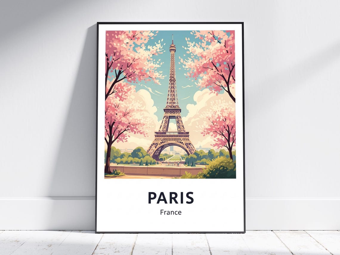 Paris Eiffel Tower Spring Blossom Garden Vintage Travel Poster