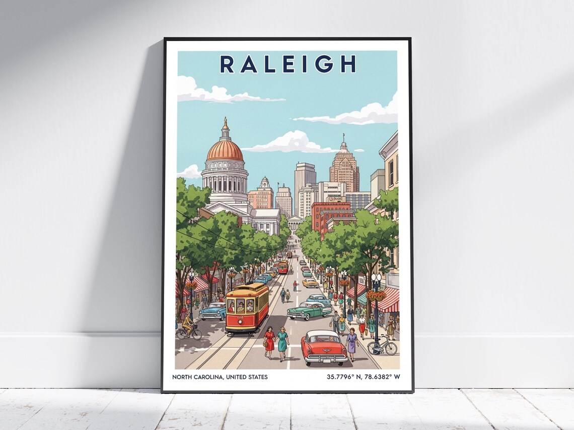Raleigh North Carolina Capitol Streetcar Vintage Travel Poster