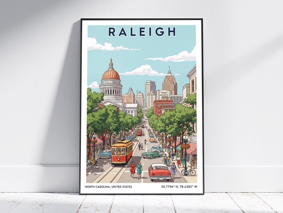 Raleigh North Carolina Capitol Streetcar Vintage Travel Poster