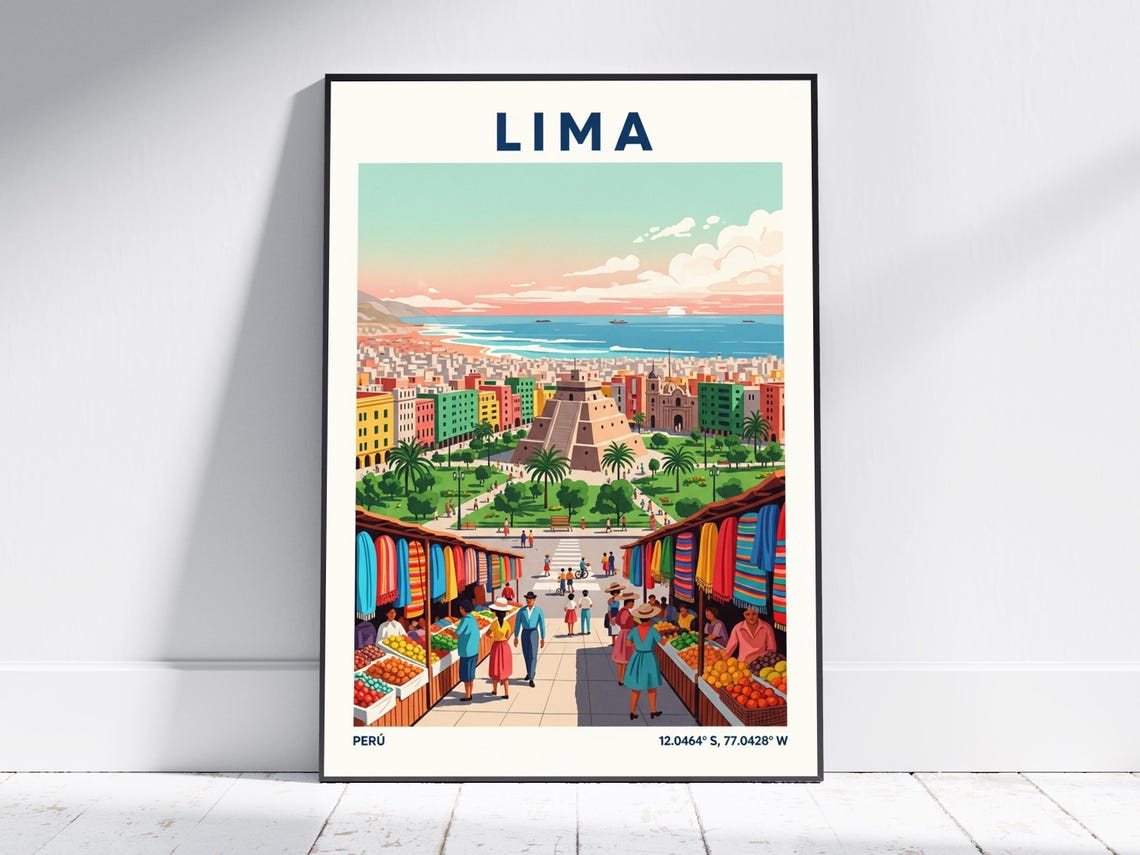 Lima Peru Vintage Travel Poster with Market Stalls and Ocean View