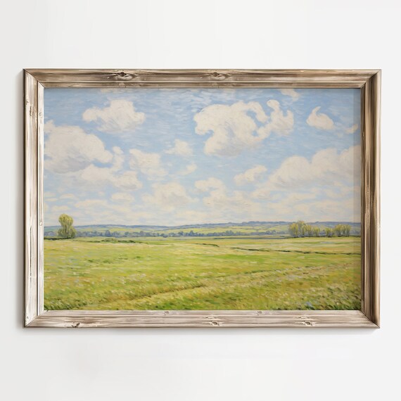Green Meadow Under Bright Blue Cloudy Sky Impressionist Art Poster