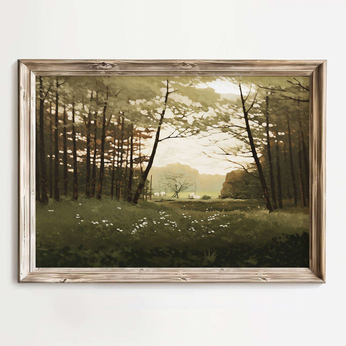 Moody Dark Pine Forest Glade With Wildflowers In Soft Light Poster