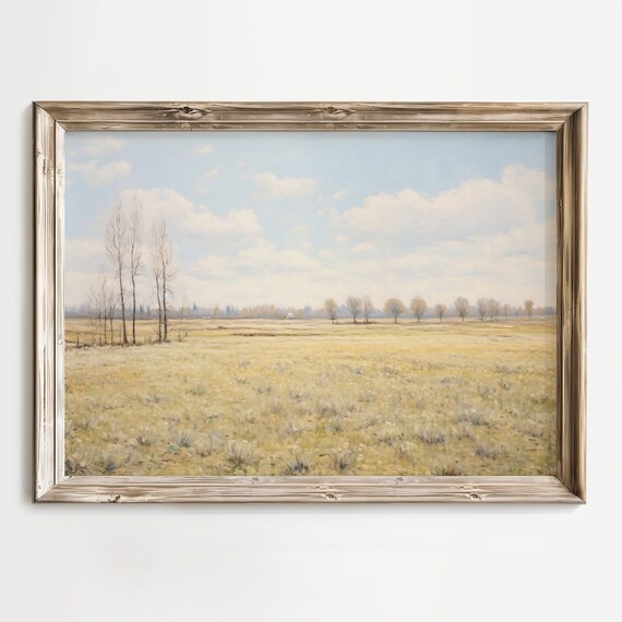 Golden Field with Bare Trees Early Spring Country Landscape Print