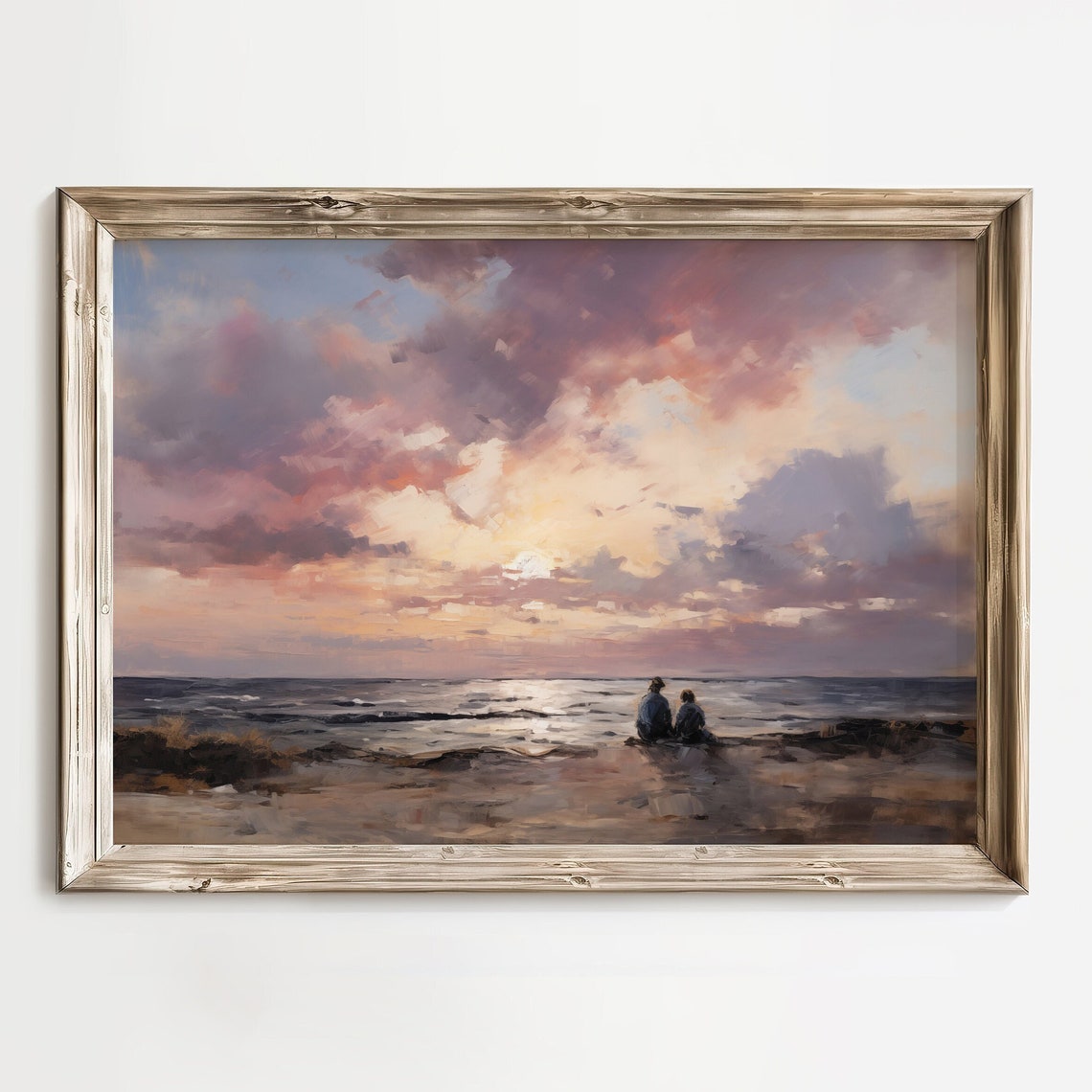 Romantic Sunset On Beach With Two Silhouettes Under Pink Sky Poster