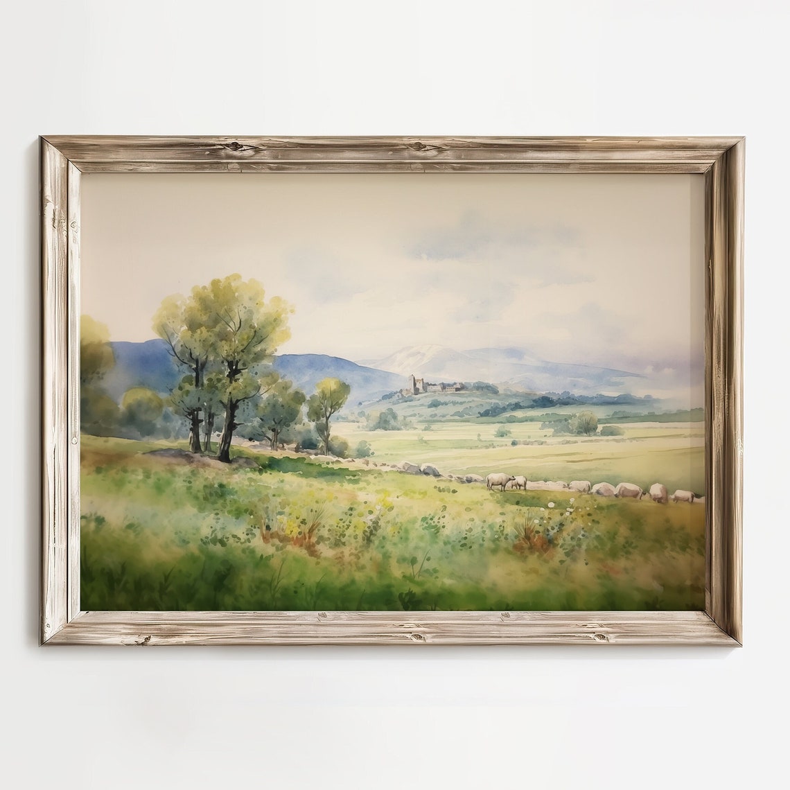 Sheep Grazing in Green Pasture with Distant Castle Watercolor Poster