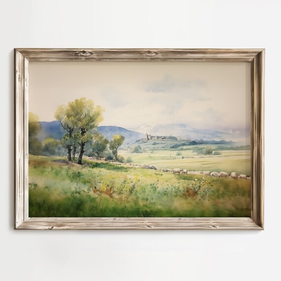 Sheep Grazing in Green Pasture with Distant Castle Watercolor Poster