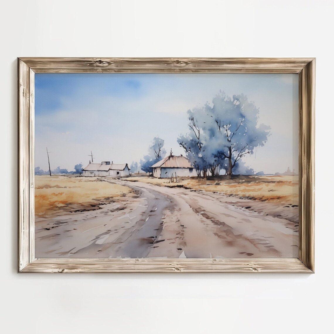 Watercolor Countryside Farmhouse Lane Golden Fields Country Print