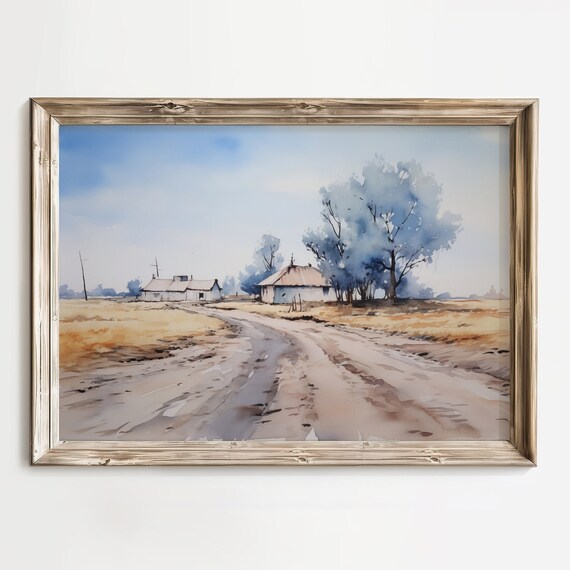 Watercolor Countryside Farmhouse Lane Golden Fields Country Print