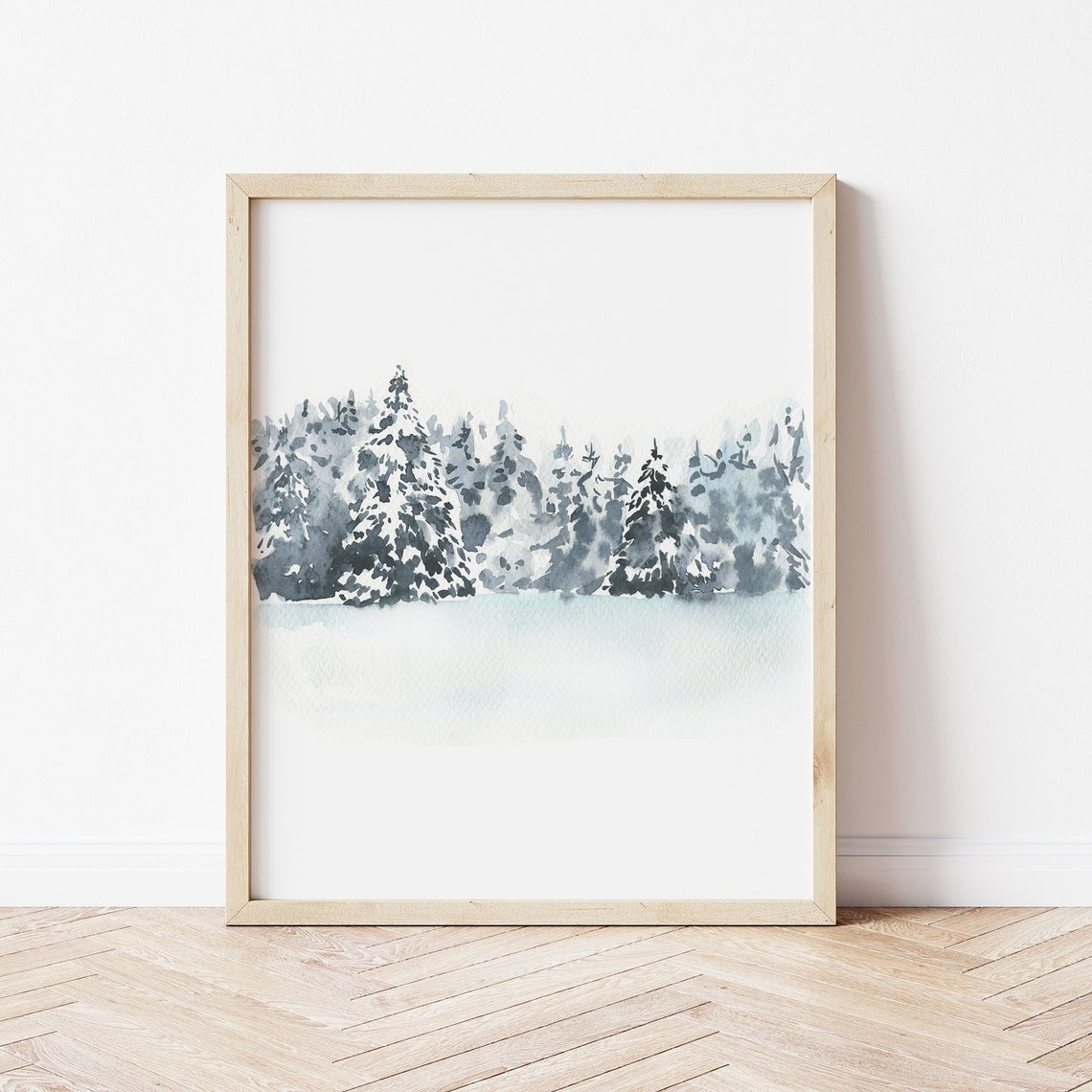 Minimal Watercolor Snowy Pine Forest Winter Landscape Wall Art Print