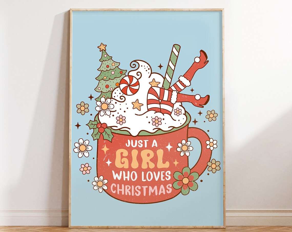 Just A Girl Who Loves Christmas Retro Cocoa Mug Groovy Quote Poster