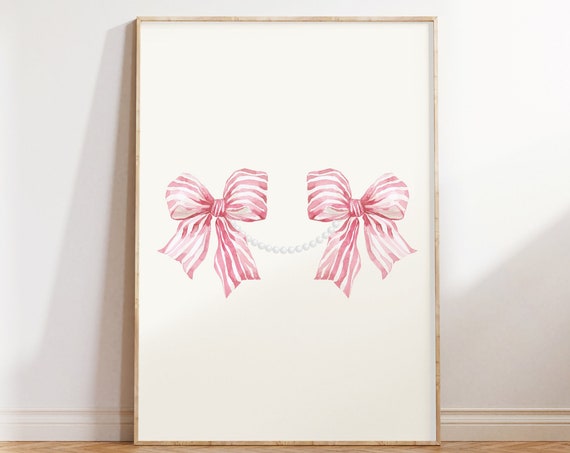 Pink Coquette Decor Pearls Ribbon Bow Pink Bow Prints Soft Girl Aesthetic Art Girly Wall Art Posters Preppy Apartment Decor