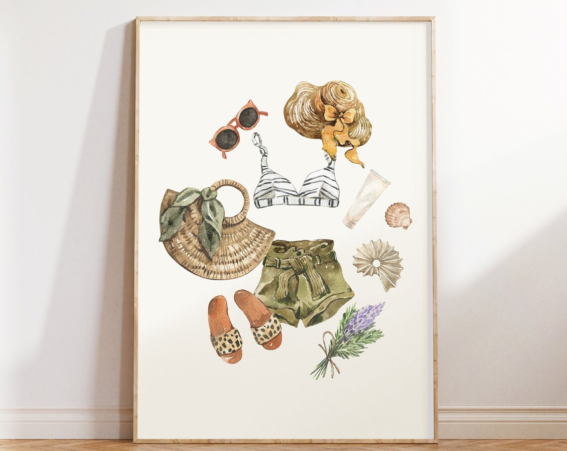 Striped Bikini Top Olive Shorts Leopard Slides Summer Watercolor Poster