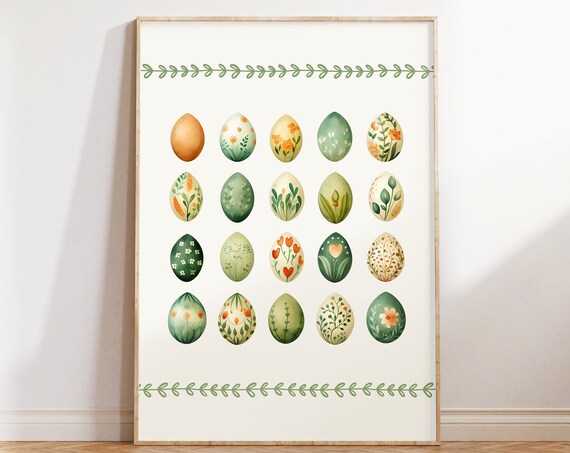 Green and Gold Botanical Painted Easter Eggs Grid Watercolor Poster