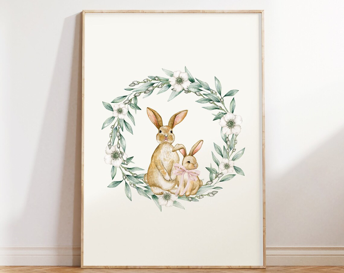 Two Sweet Bunnies in a Floral Wreath Watercolor Easter Poster