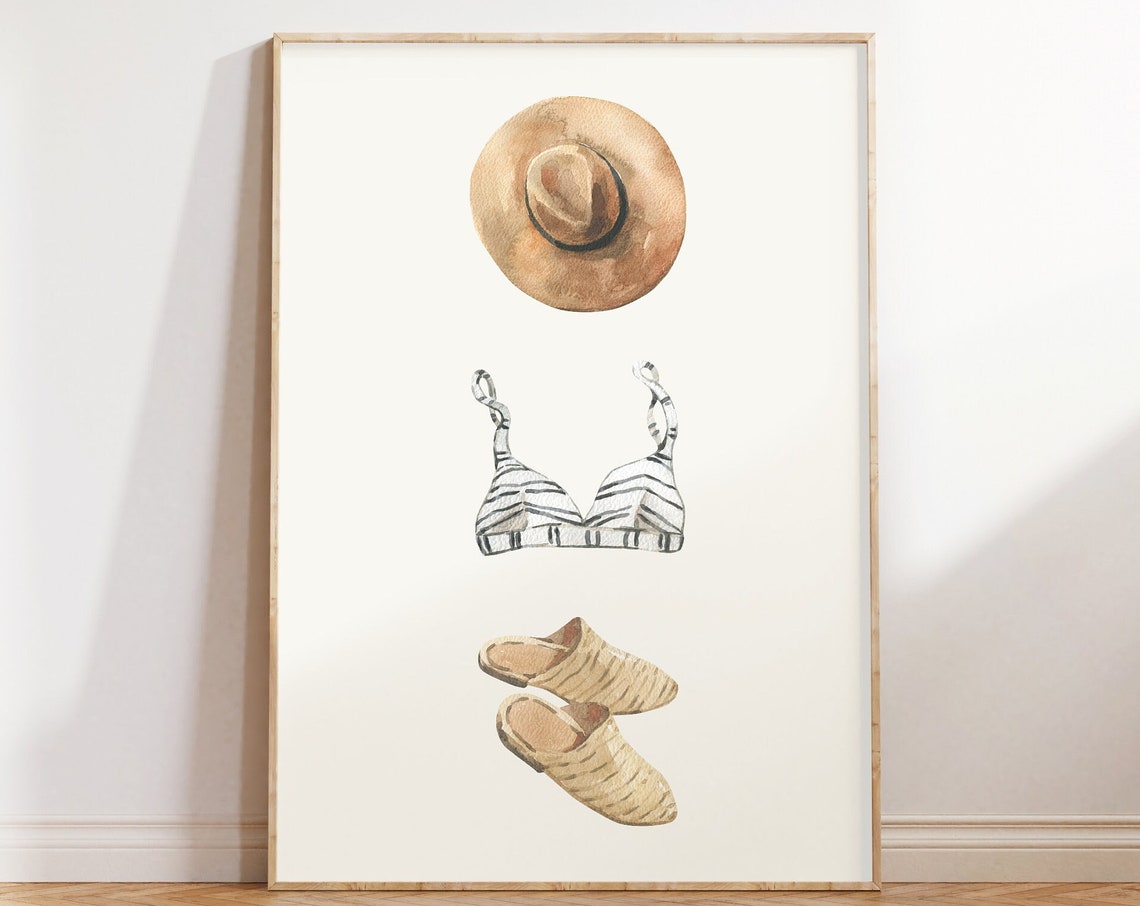 Minimalist Straw Hat Bikini Top Mules Summer Swim Watercolor Poster