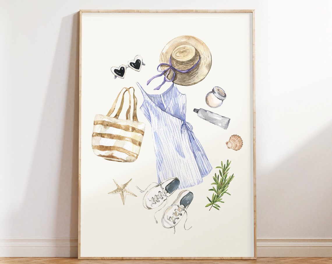 Girl Summer Outfit Flat Lay Blue Sundress Straw Hat Watercolor Poster