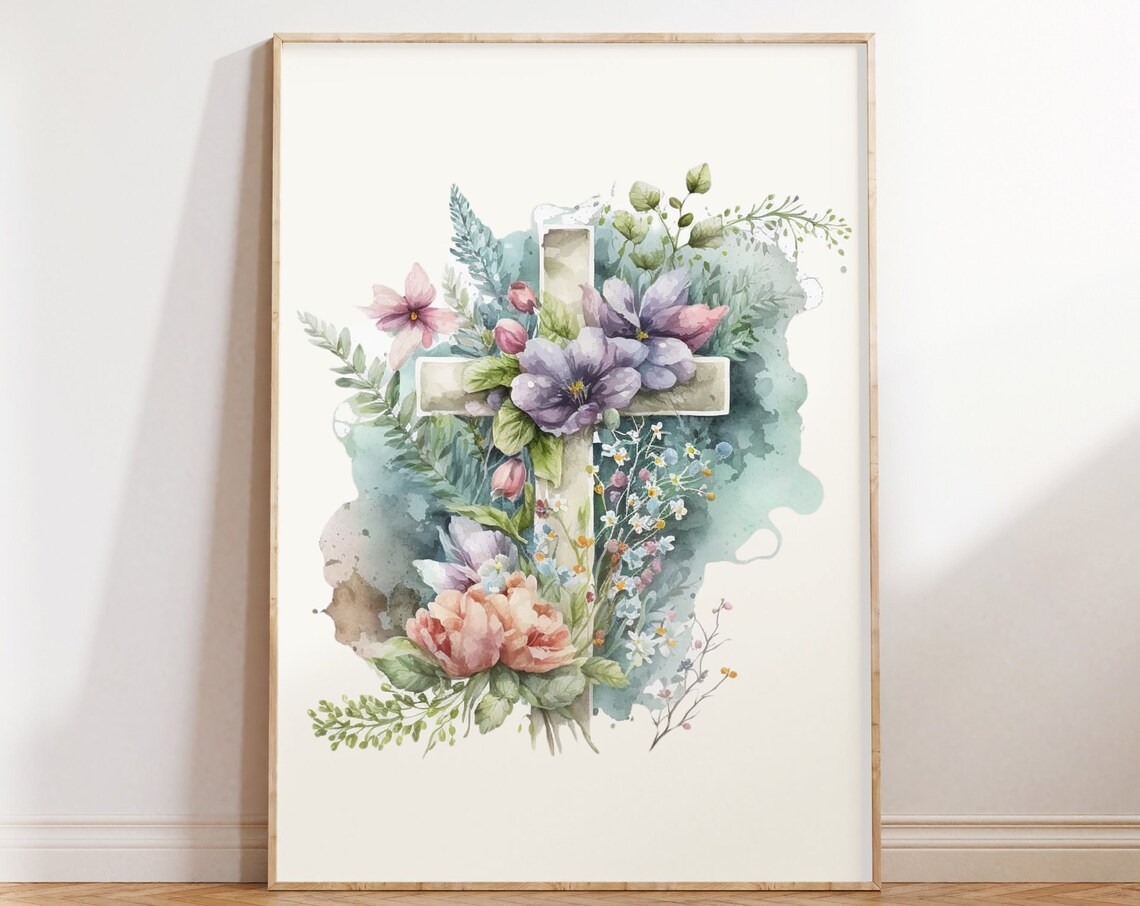 Floral Cross Watercolor Christian Easter Purple Flower Poster