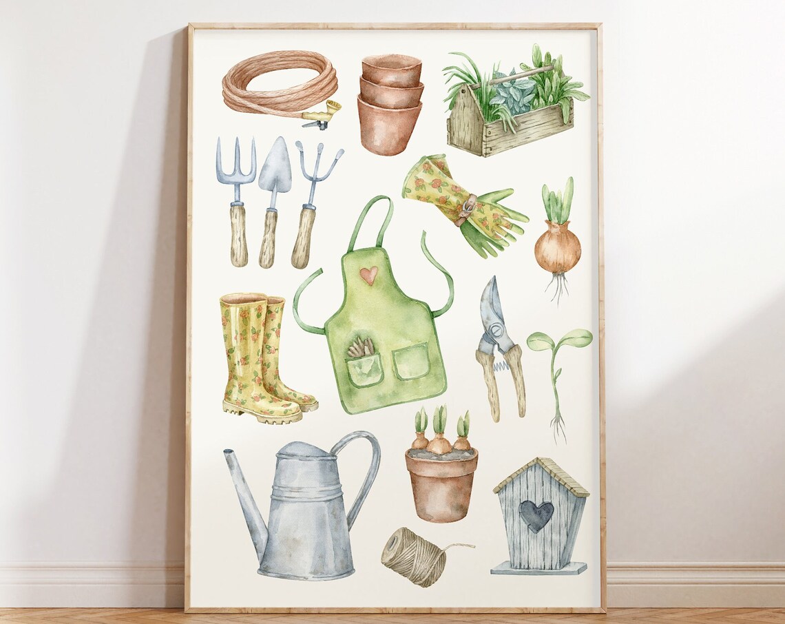 Watercolor Gardening Tools Collection Poster Gift for Garden Lovers