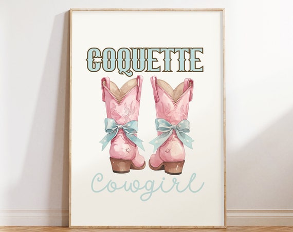 Coquette Western Decor Coquette Cowgirl Art Cowgirl Boots Bow Pink Western Girly Wall Art Preppy Apartment Decor Cowgirl Art