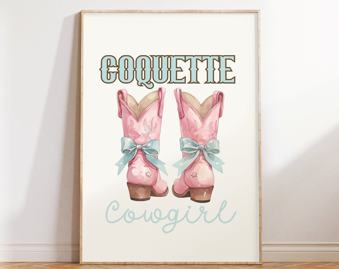 Coquette Cowgirl Pink Boots With Teal Bows Western Art Poster