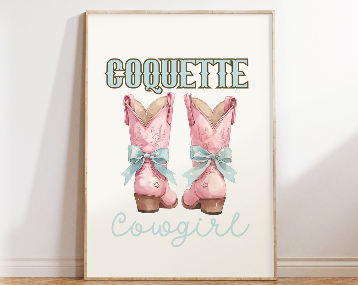 Coquette Western Decor Coquette Cowgirl Art Cowgirl Boots Bow Pink Western Girly Wall Art Preppy Apartment Decor Cowgirl Art