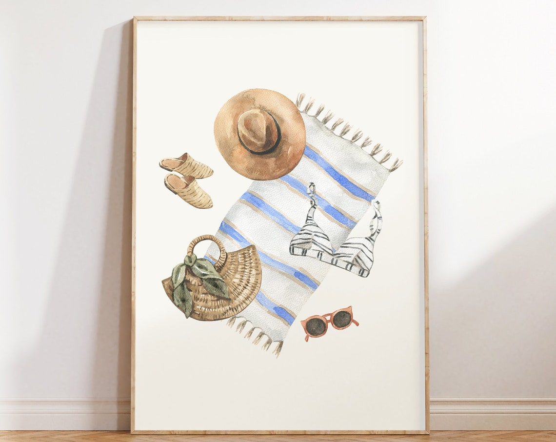 Summer Beach Essentials Watercolor Flat Lay Towel Hat Poster