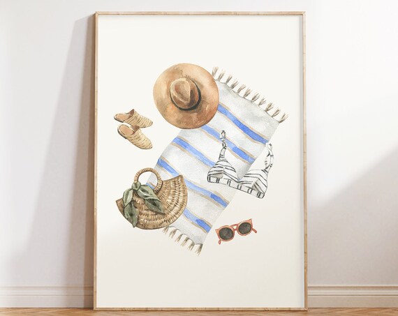 Summer Beach Essentials Watercolor Flat Lay Towel Hat Poster