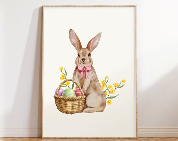 Easter Bunny with a Basket of Painted Eggs Watercolor Poster