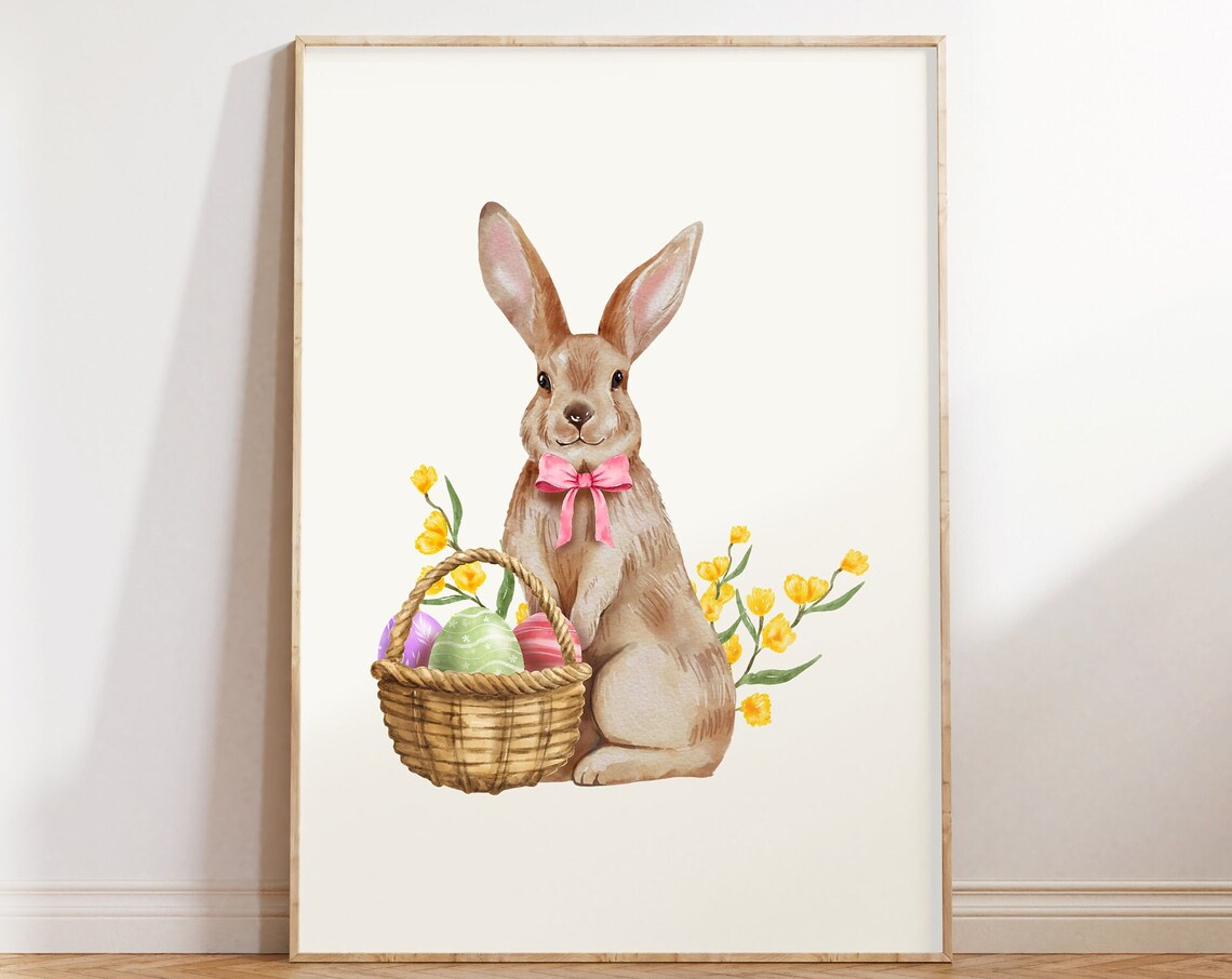 Easter Bunny with a Basket of Painted Eggs Watercolor Poster